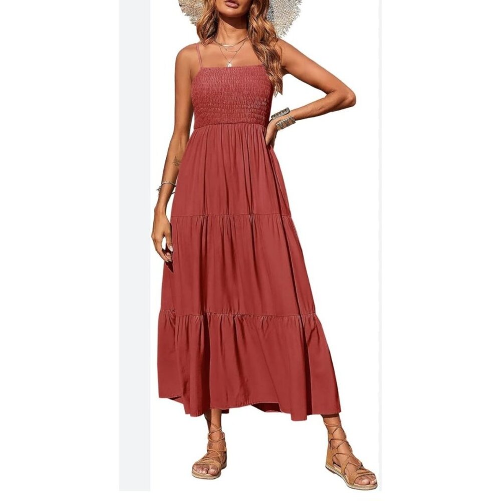 Womens Boho Smocked Sleeveless Tiered Maxi Dress Rust Size S Casual Summer